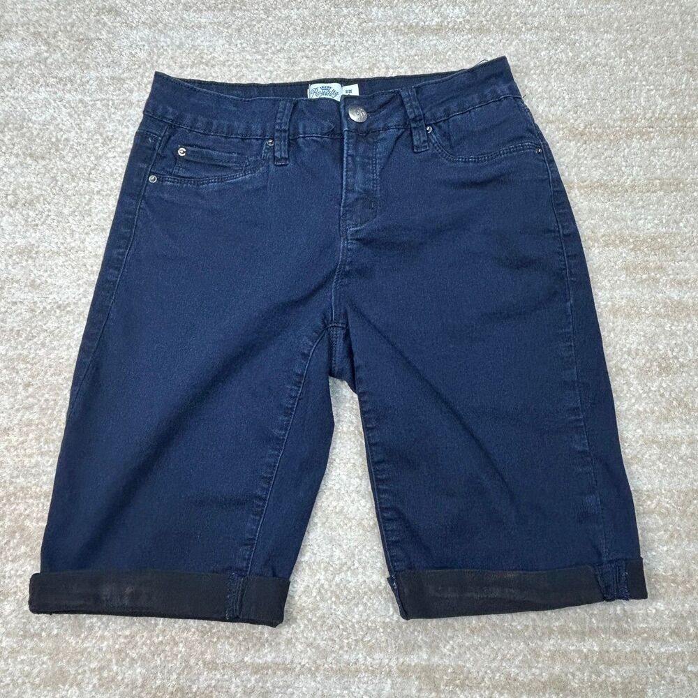 Royalty For Me Shorts Womens 6 Dark Blue Denim Bermuda Rolled Cuff Stretch